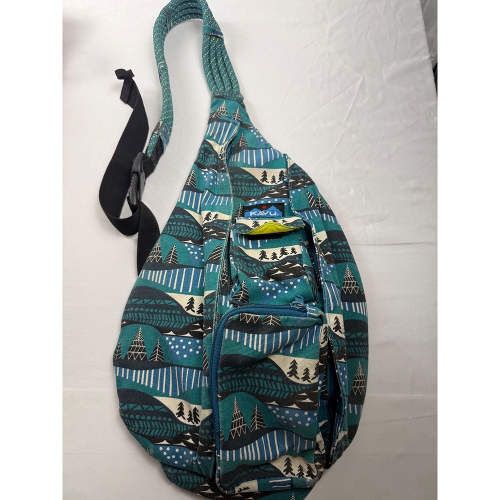 Kavu Rope Bag Teal Navy Mountain Print Canvas Sling Backpack Adjustable Strap